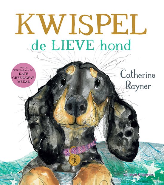 Kwispel, de lieve hond, met lange oren en een gouden medaillon.