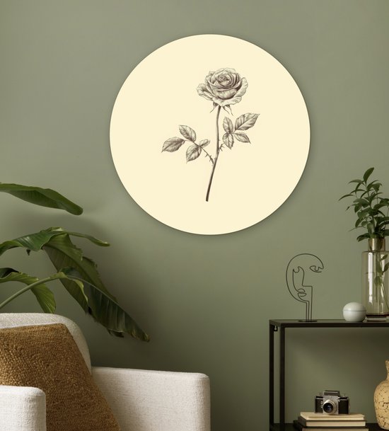 WallCircle® Wandcirkel 60x60 cm - Muurcirkel Illustratie - Zwart - Roos - Muurdecoratie woonkamer - Wanddecoratie slaapkamer - Kamer decoratie accessoires - Ronde schilderijen