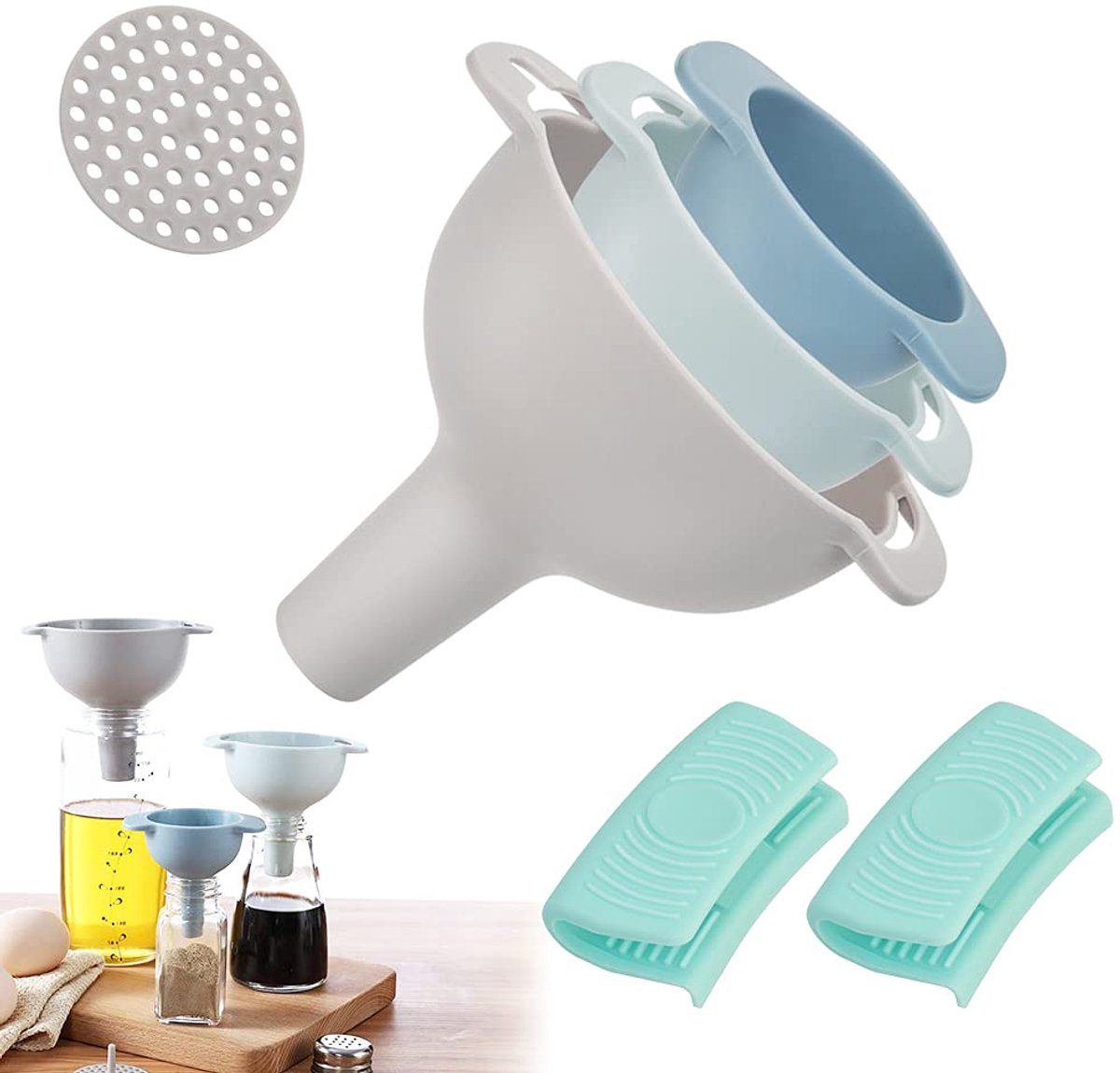 My Ninki ® Trechterset voor Keuken met Multifunctioneel Gebruik en Zeef, Ruimtebesparend Ontwerp, 3 Stuks