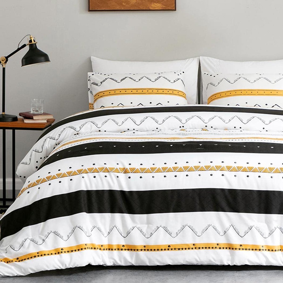 My Ninki ® Stijlvolle en Comfortabele Microvezel Beddengoedset met Polkadots en Strepen, 3-delig, Wit, 220x200 cm geel zwart