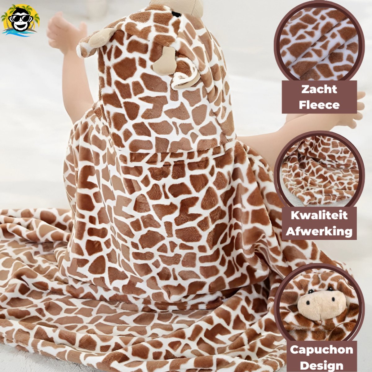 BoefieBoef Giraffe Dieren Badcape Baby 0-3 Jaar – Giraf Baby Handdoek met Capuchon – Fleece Wikkeldeken & Babydeken – Babycape, Omslagdoek & Badponcho – Kraamcadeau & Geboortecadeau – Bruin Geel – foto 2