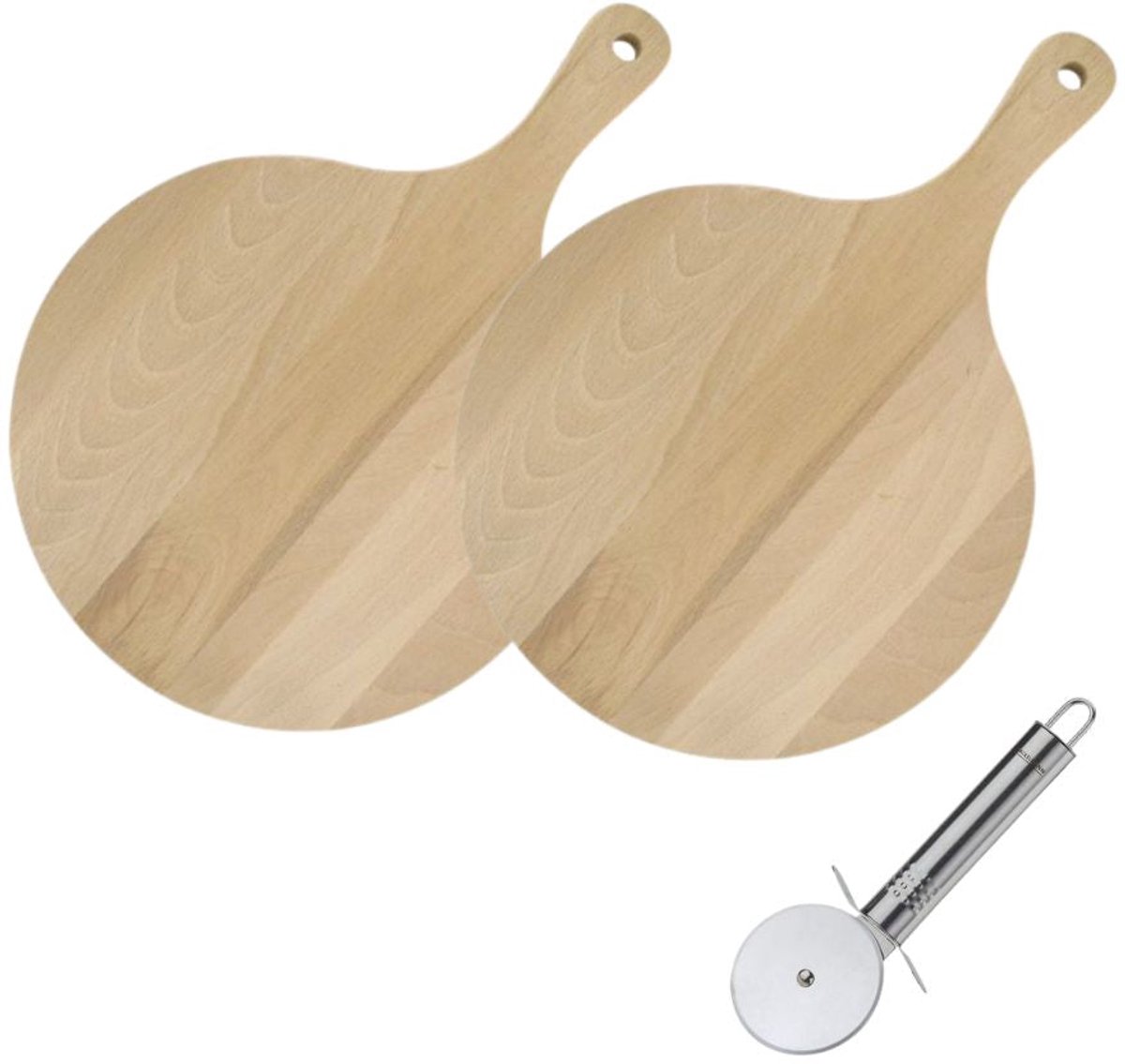 2 Houten pizza- en flammkuchenvellen 30 cm en RVS pizzaroller Fackelmann