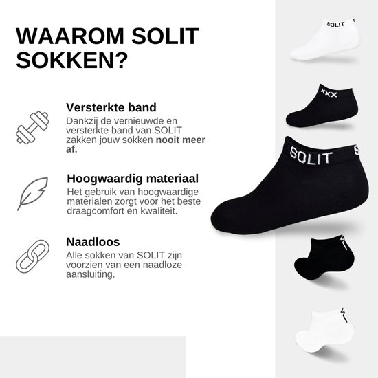 Verschillende paren SOLIT sokken in wit en zwart. De tekst 'WAAROM SOLIT SOKKEN?' staat links met iconen en uitleg over de versterkte band, hoogwaardig materiaal en naadloze aansluiting.