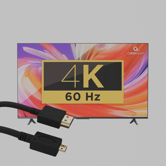Zwarte HDMI kabel met standaard HDMI en Micro HDMI stekkers, voor 4K 60 Hz beeldschermen.