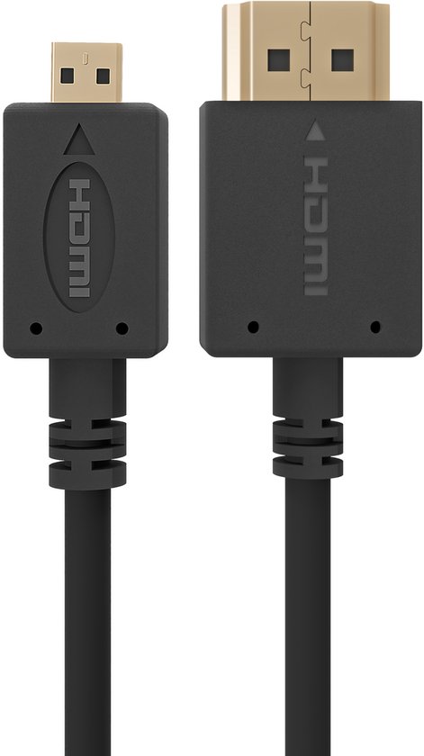 Close-up van een zwarte HDMI kabel met gouden standaard HDMI en Micro HDMI aansluitingen.