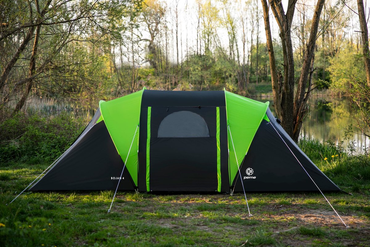 Peme Bojan Koepeltent Tent voor 4 personen, Zwart en groen, 2 ingangen, 2 slaapruimtes, waterdicht, moskitiera, groot voorportaal – foto 3