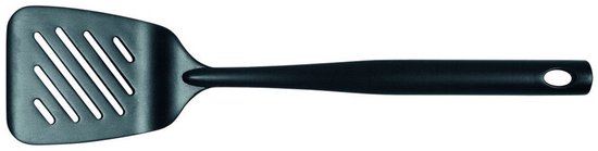 Spatule Brabantia noire avec fentes, manche avec œillet de suspension.