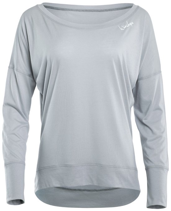 Grijze longsleeve met boothals, lange mouwen en 'Winshape' logo.