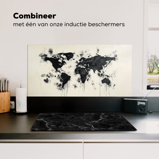 Spatscherm keuken 90x45 cm - Kookplaat achterwand Wereldkaart - Zwart - Inkt - Muurbeschermer - Spatwand fornuis - Hoogwaardig aluminium