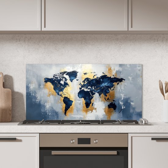 Crédence de Cuisinière en Aluminium 80x40 cm - Carte du monde - Bleu - Abstrait - Écran Pare-éclaboussures pour Plaque de Cuisson - Protection Murale