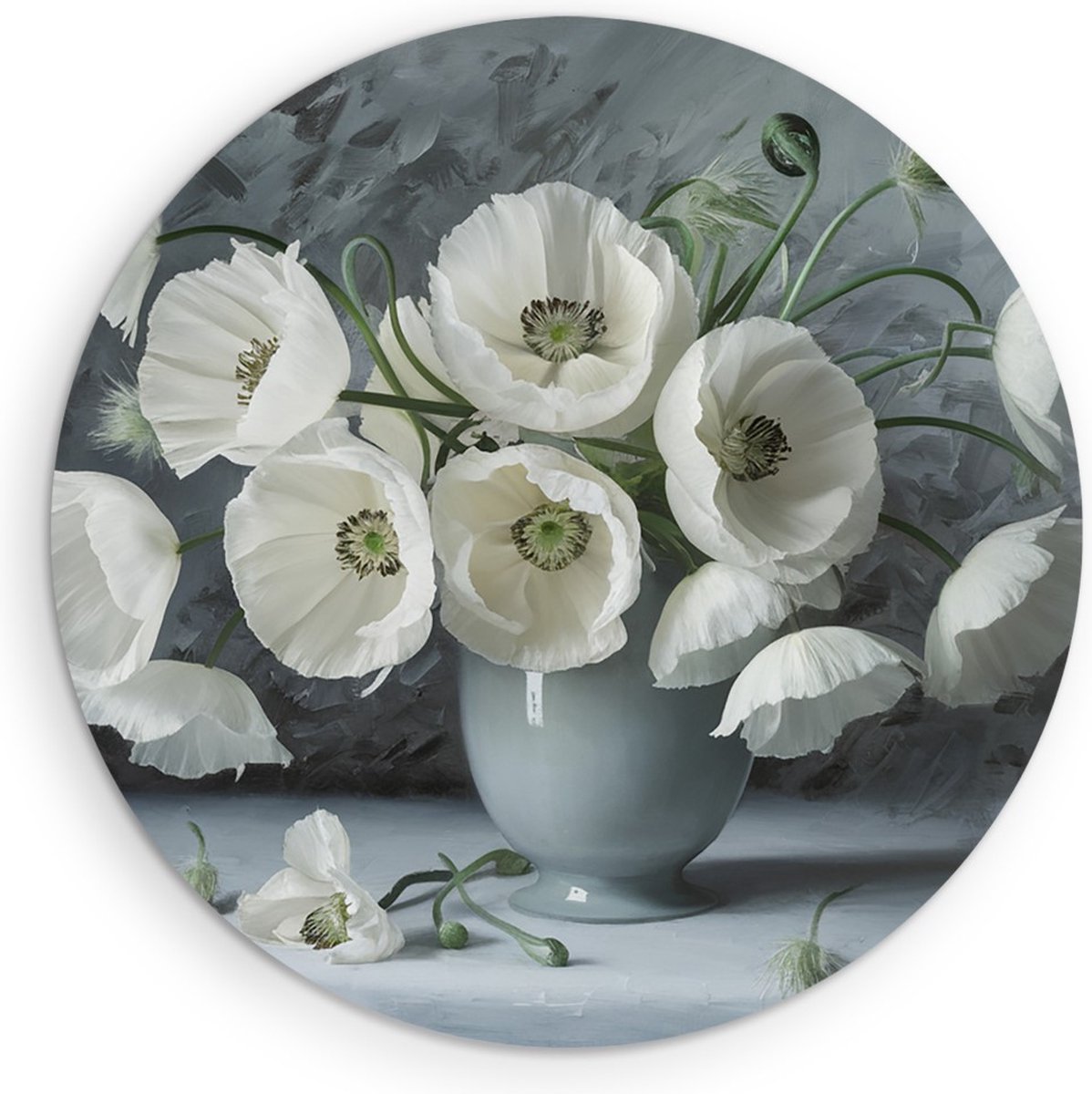 Saammp Forex Muurcirkel - Witte Bloemen in Grijze Vaas - Abstract - Ø 80 - Wandcirkel - Wanddecoratie Cirkel - Muurdecoratie Woonkamer - Kantoor Decoratie