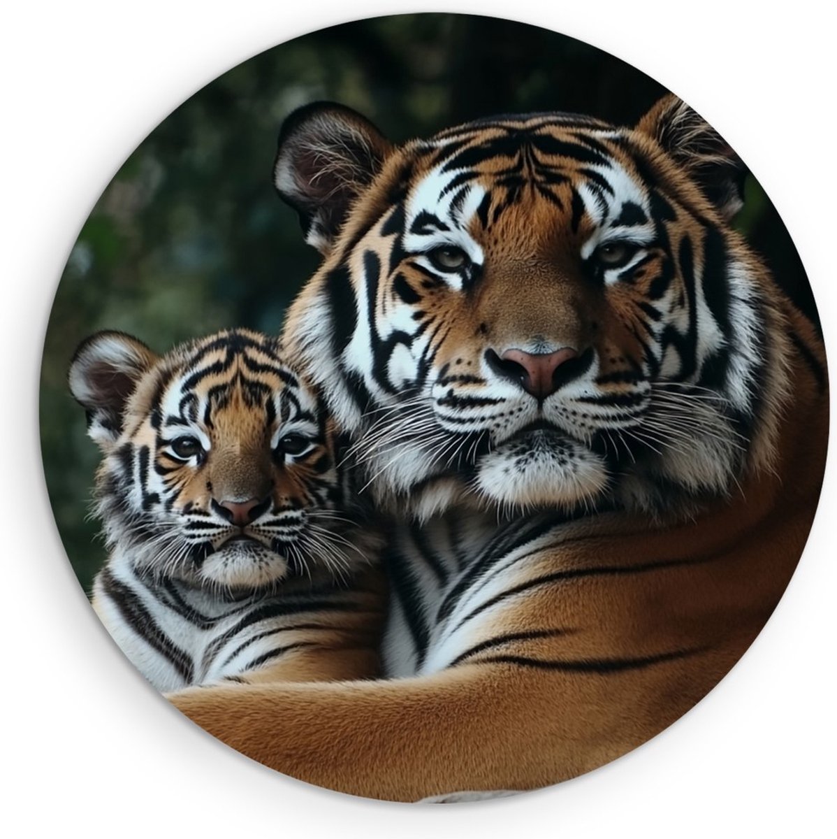 Saammp Forex Muurcirkel - Tijger welp met moeder - Natuur - Dieren - Ø 30 - Wandcirkel - Wanddecoratie Cirkel - muurdecoratie Woonkamer - Slaapkamer decoratie - Rond Schilderij