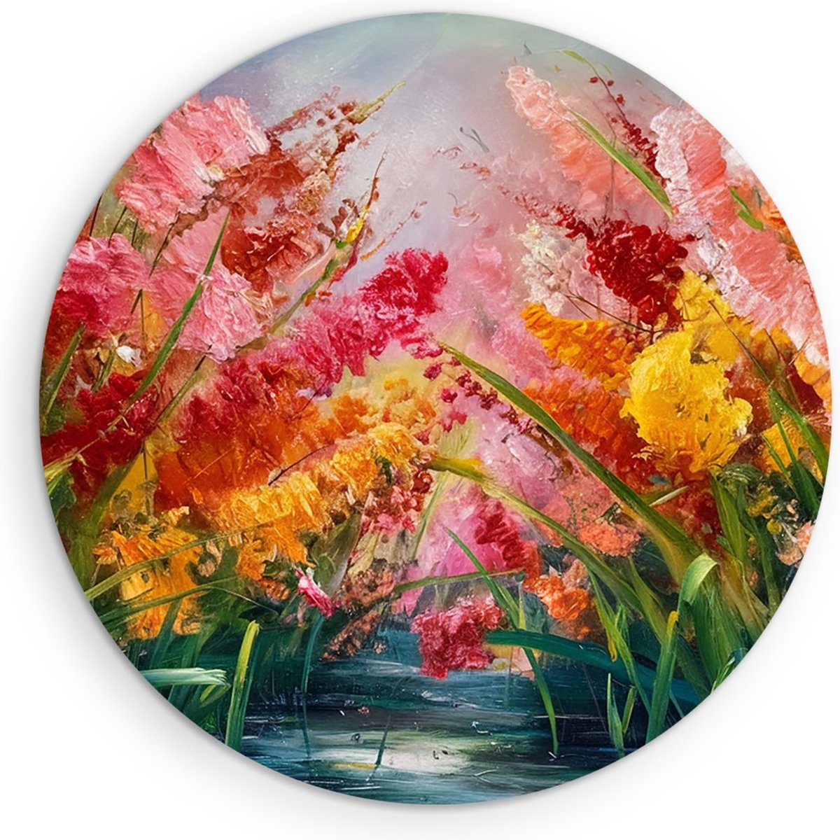Saammp Muurcirkel Hout - Bloementuin in Levendige Kleuren - Abstract - Ø 80 - Wandcirkel - Wanddecoratie Cirkel - Muurdecoratie Woonkamer - Kantoor Decoratie