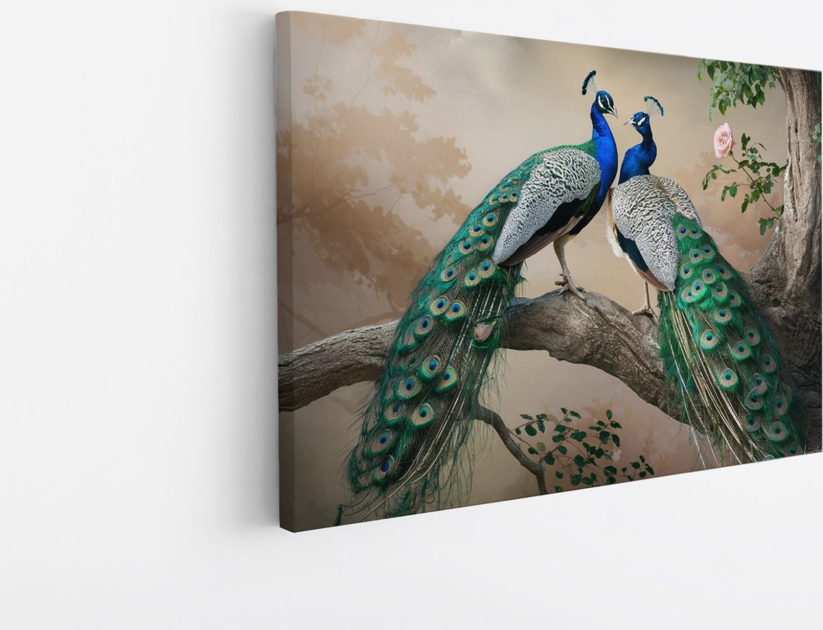 Saammp Canvas Schilderij - 2 Pauwen - Dieren - Natuur - 45x30 - Foto op canvas - Wanddecoratie - muurdecoratie Woonkamer - Slaapkamer decoratie - Canvas Print Multicolor