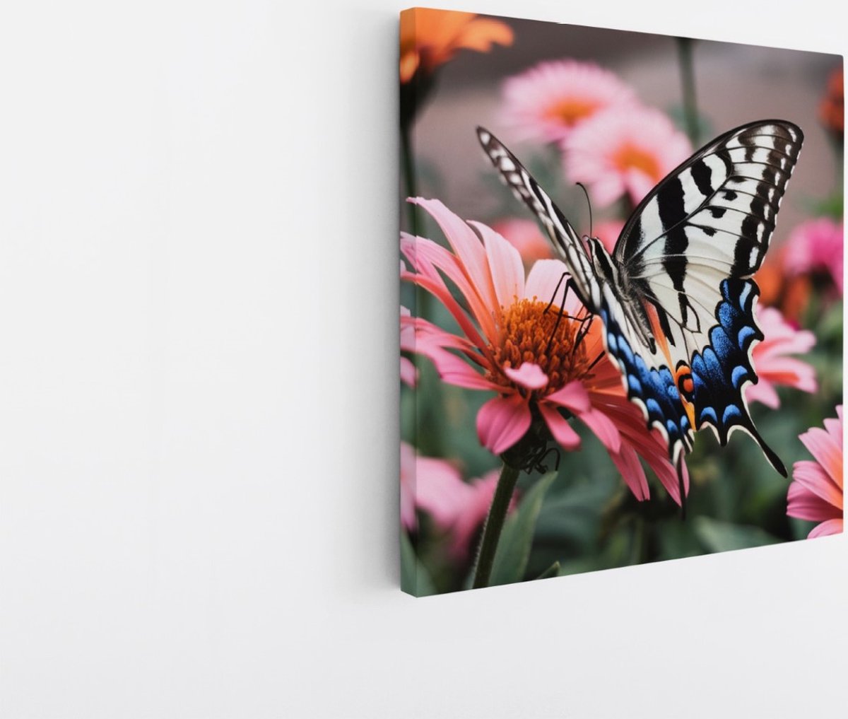 Saammp Canvas Schilderij -Vlinder op roze bloem - Dieren - 20x20 - Foto op canvas - Wanddecoratie - muurdecoratie Woonkamer - Slaapkamer decoratie - Canvas Print Multicolor