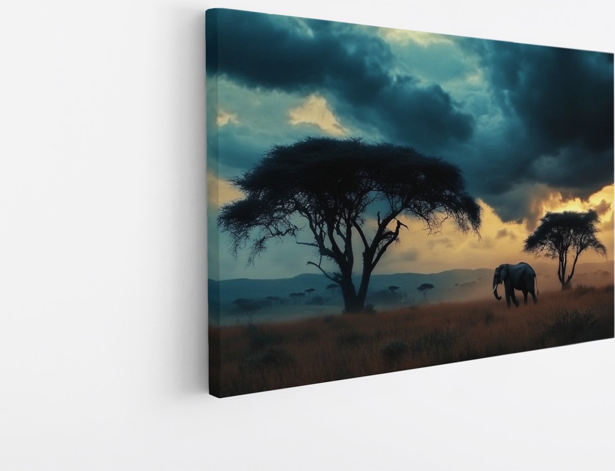 Saammp Canvas Schilderij - Olifant in de serangeti - Storm - Dieren - 70x50 - Foto op canvas - Wanddecoratie - muurdecoratie Woonkamer - Slaapkamer decoratie - Canvas Print Multicolor