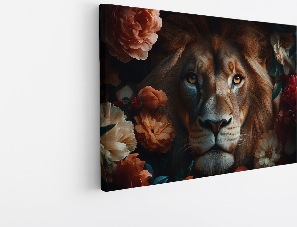 Saammp Canvas Schilderij - Leeuw - Bloemen - Natuur - Landschap - 30x20 - Foto op canvas - Wanddecoratie - Muurdecoratie Woonkamer - Slaapkamer decoratie - Canvas Print Multicolor