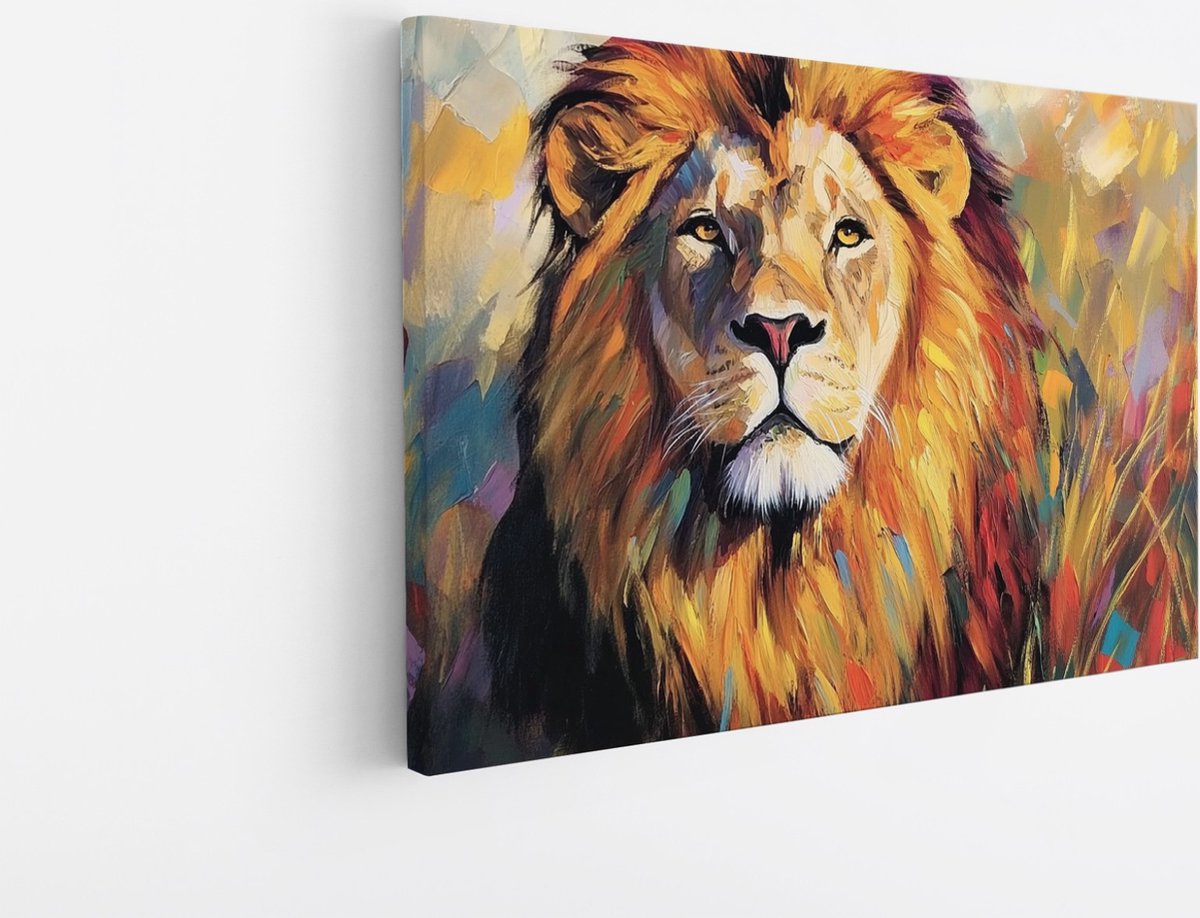 Saammp Canvas Schilderij - Abstracte Leeuw - Kleurrijk - Penseelstreken - Dieren - Natuur - 70x50 - Foto op canvas - Wanddecoratie - Muurdecoratie Woonkamer - Slaapkamer decoratie - Canvas Print Multicolor