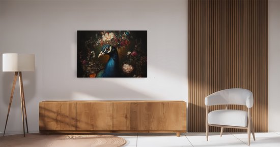 Saammp Canvas Schilderij - Pauw met kroon - Bloemen - Dieren - Natuur - 60x40 - Foto op canvas - Wanddecoratie - muurdecoratie Woonkamer - Slaapkamer decoratie - Canvas Print