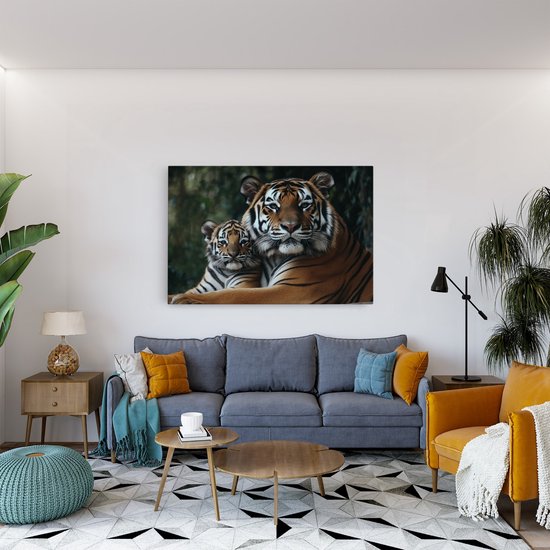 Saammp Canvas Schilderij - Tijger welp met moeder - Natuur - Dieren - 150x100 - Foto op canvas - Wanddecoratie - muurdecoratie Woonkamer - Slaapkamer decoratie - Canvas Print