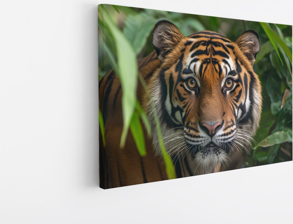 Saammp Canvas Schilderij - Jonge Tijger tussen de bladeren - Natuur - Dieren - 150x100 - Foto op canvas - Wanddecoratie - muurdecoratie Woonkamer - Slaapkamer decoratie - Canvas Print Multicolor