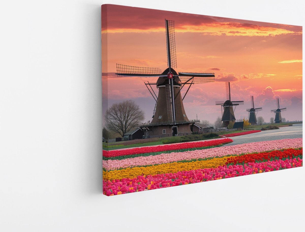 Saammp Canvas Schilderij - Molens met Tulpenvelden - Natuur - 120x80 - Foto op canvas - Wanddecoratie - Muurdecoratie Woonkamer - Slaapkamer decoratie - Canvas Print Multicolor