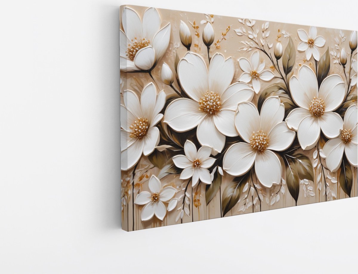 Saammp Canvas Schilderij - Witte Bloemen - Natuur - Abstract - 45x30 - Foto op canvas - Wanddecoratie - Muurdecoratie Woonkamer - Kantoor Decoratie Multicolor