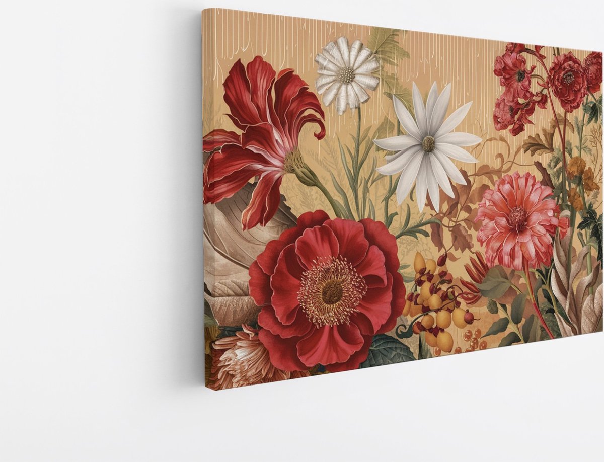 Saammp Canvas Schilderij - Klassieke Bloemenpracht Rood en Wit - Natuur - Stilleven - 45x30 - Foto op canvas - Wanddecoratie - Muurdecoratie Woonkamer - Kantoor Decoratie Multicolor