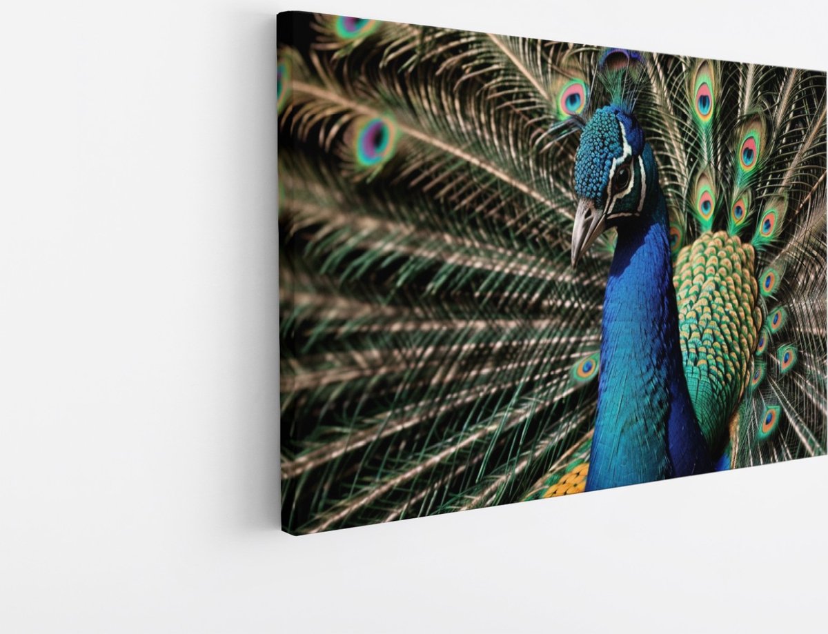 Saammp Canvas Schilderij - Pauw Close-up - Natuur - Dieren - 45x30 - Foto op canvas - Wanddecoratie - Muurdecoratie Woonkamer - Slaapkamer decoratie - Canvas Print Multicolor