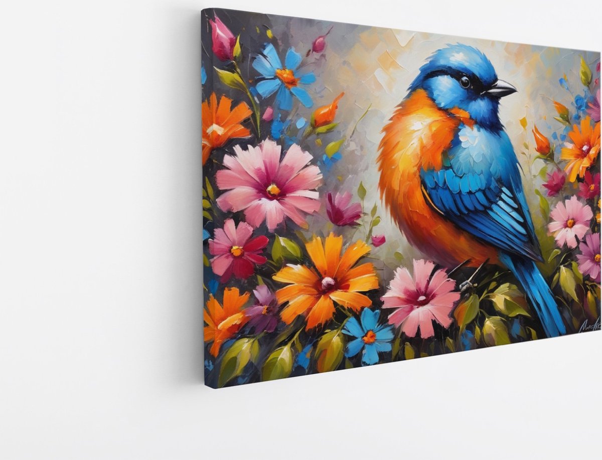 Saammp Canvas Schilderij - Abstracte Vogel - Dieren - Bloemen - 90x60 - Foto op canvas - Wanddecoratie - muurdecoratie Woonkamer - Slaapkamer decoratie - Canvas Print Multicolor