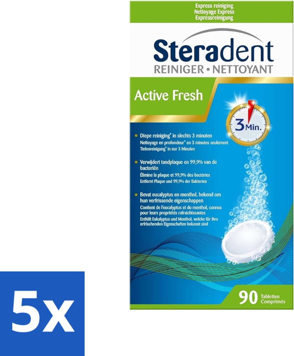 Steradent - Kunstgebitreiniger - Active Fresh - Menthol En Eucalyptus - 90 Tabletten - Bulkverpakking - 5 stuks