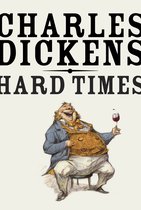 Boekcover met de tekst "CHARLES DICKENS HARD TIMES" en een illustratie van een lachende, dikke man met een glas rode wijn.