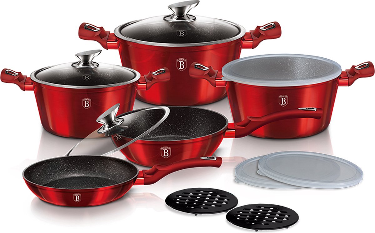 Berlinger Haus 7030 - Luxe Pannenset - Burgundy - Aluminium - Zwart - 13-delig - Braadpan - Koekenpan - Pannenset