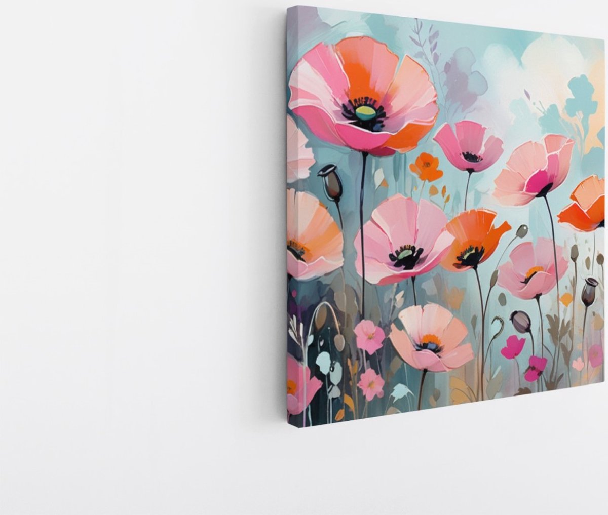 Saammp Canvas Schilderij - Roze Blauw - Bloemen - Abstract - 60x60 - Foto op canvas - Wanddecoratie - Muurdecoratie Woonkamer - Kantoor Decoratie Multicolor