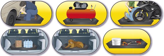 Illustration de six utilisations du tapis de coffre noir : dans une voiture, avec un compresseur, une moto, des bouteilles, un chien et des outils.