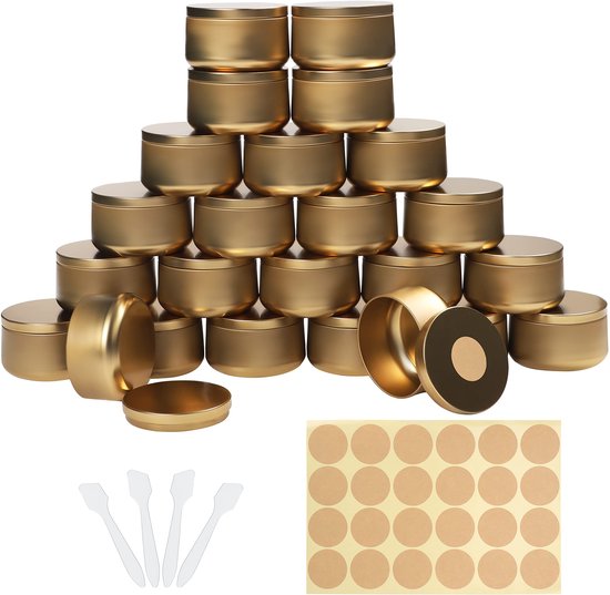 Belle Vous 24 Pak Goud Metalen Kaars Maak Bakjes met Stickers en Spatels – 230 ml – Ronde Ijzeren Opslag Bakjes Voor Kunst & Hobby – Opslag Potjes
