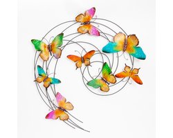 Anna's Collection Wand decoratie vlinders - heldere kleuren mix - 65 x 51 cm - metaal - muurdecoratie - tuin - buiten - dieren - beelden