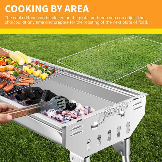 Houtskoolgrill - Barbecue - Tafelbarbecues - Buitenkeuken - Inklapbaar - Draagbare - Staande Grill - voor Buitenkeuken - BBQ - Campingbarbecue - RVS - 33.5x110x71.5cm - Zilver — afbeelding 3