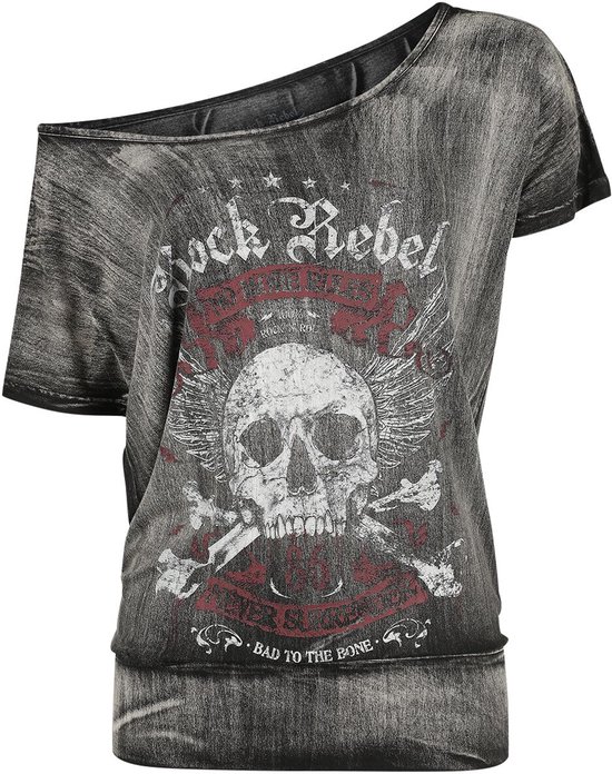 Donkergrijs T-shirt met één schouder, wijde hals, doodshoofd, vleugels, gekruiste botten en tekst "Rock Rebel".