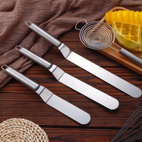 MoNiRo Hoekpalet, roestvrij staal, set van 4 bakaccessoires, 1 x paletpalet 3 x hoekpalet voor het decoreren van taarten en cake, taartspatel, professioneel taartmes bakken, spatula