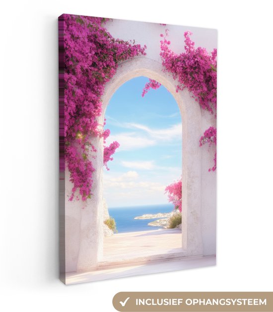 Canvas schilderij 60x90 cm - Exclusieve wanddecoratie Zee - Roze - Bloemen - Poort - Muurdecoratie woonkamer - Slaapkamer decoratie - Kamer accessoires - Schilderijen op canvas