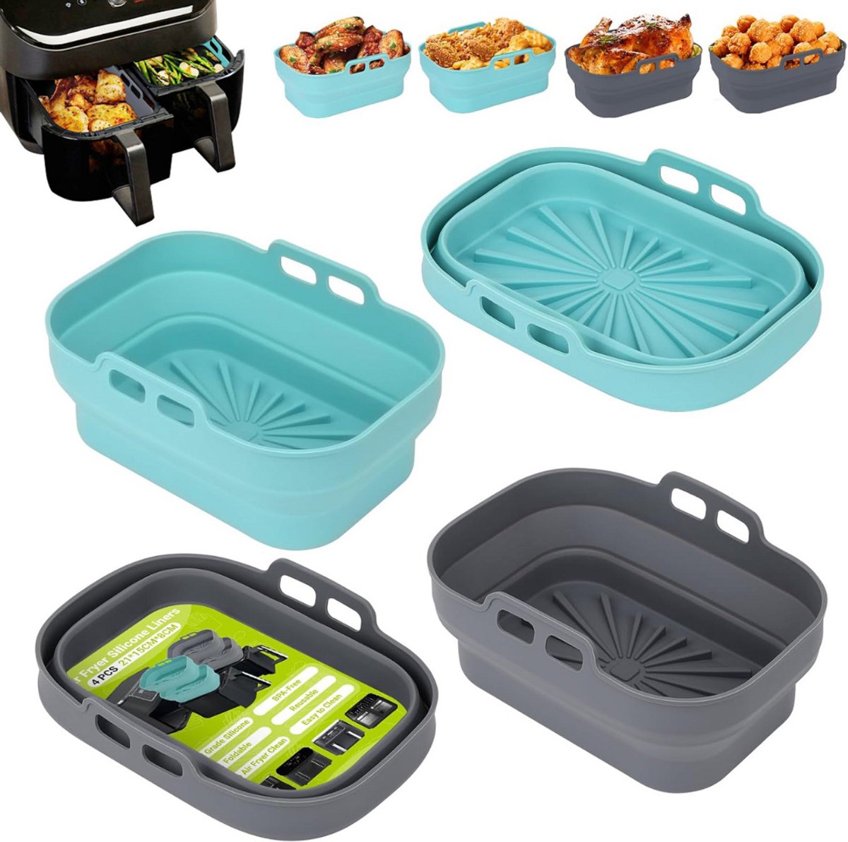ApexArte® Airfryer Accessoires - Siliconen Bakje - Bakpapier - Blauw en Grijs