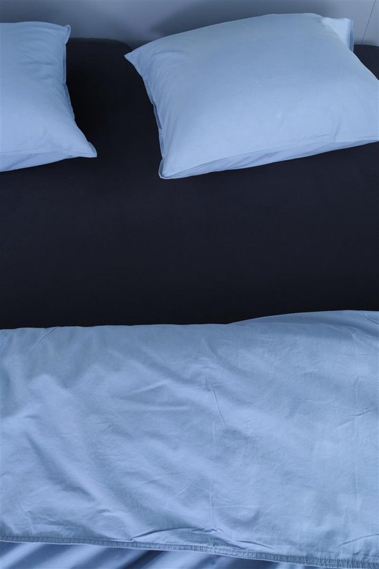 Lichtblauwe kussens en dekbed op een donkergrijs bed.