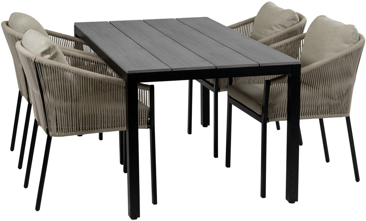 5-Delige tuinset met 4 Elvira tuinstoelen in zwart en Tuintafel Cyprus 160x90cm in grijs