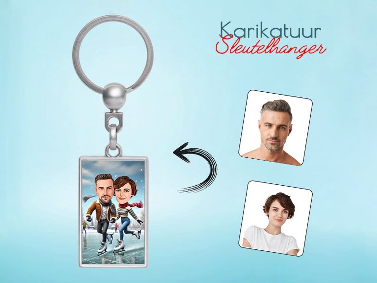 Winterse Schaatsscene voor Stelletjes - Gepersonaliseerde Karikatuur Sleutelhanger - Gepersonaliseerd Cadeau - Met Jouw Foto - Verjaardag - Kerst - Valentijn - Uniek en Handgemaakt - Cadeau - Verjaardag - Kerst - Kado - Valentijn - Huwelijk - Moederd