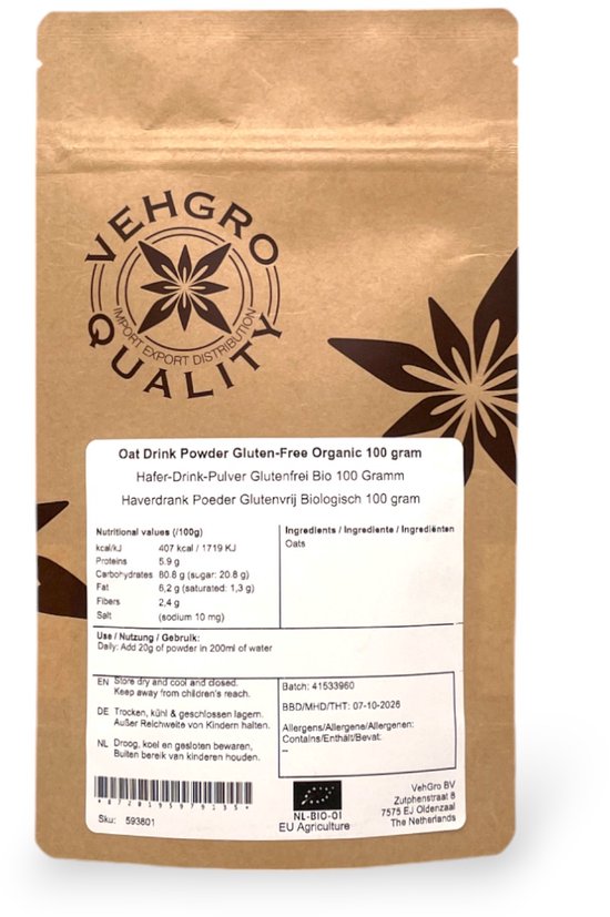 Verpakking van Haverdrank Poeder van VehGro, met voedingswaarde-informatie en ingrediënten.
