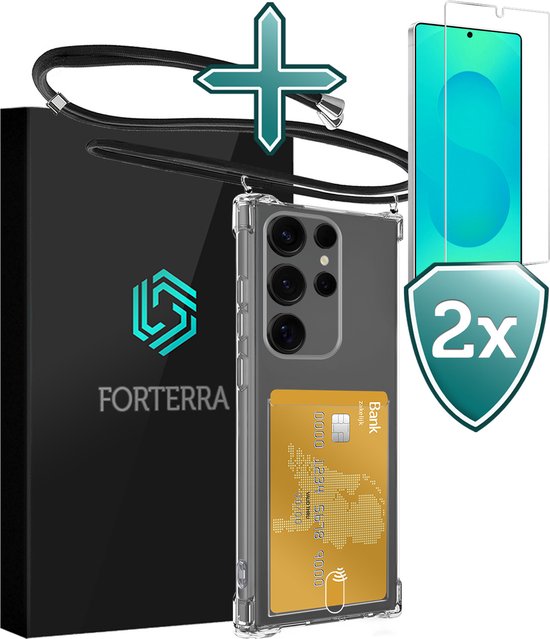 Étui pour Samsung S25 Ultra avec porte-cartes, étui en Siliconen avec cordon et 2 films de protection d'écran - Étui pour Samsung Galaxy S25 Ultra avec cordon de téléphone, coque arrière avec porte-cartes - Transparent