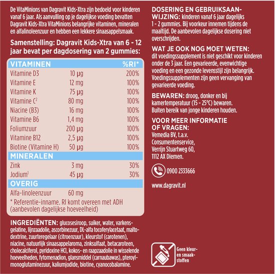 Samenstelling van multivitaminen en mineralen voor 1-2 gummies per dag, zonder geur- en smaakstoffen.