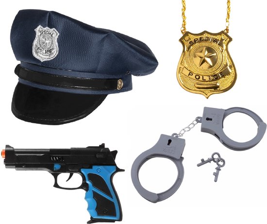 Politie agent verkleed accessoires set - 4 delig - voor kinderen - politiepet - handboeien - pistool - badge - Carnaval