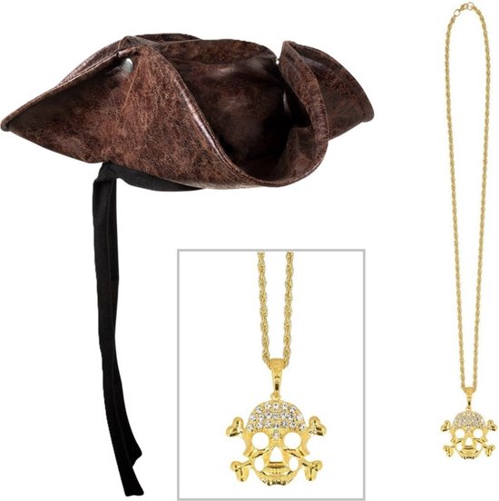Boland Verkleedkleding set piratenhoed - bruin - met gouden piraten thema ketting - Piraten feest accessiores - dames/heren